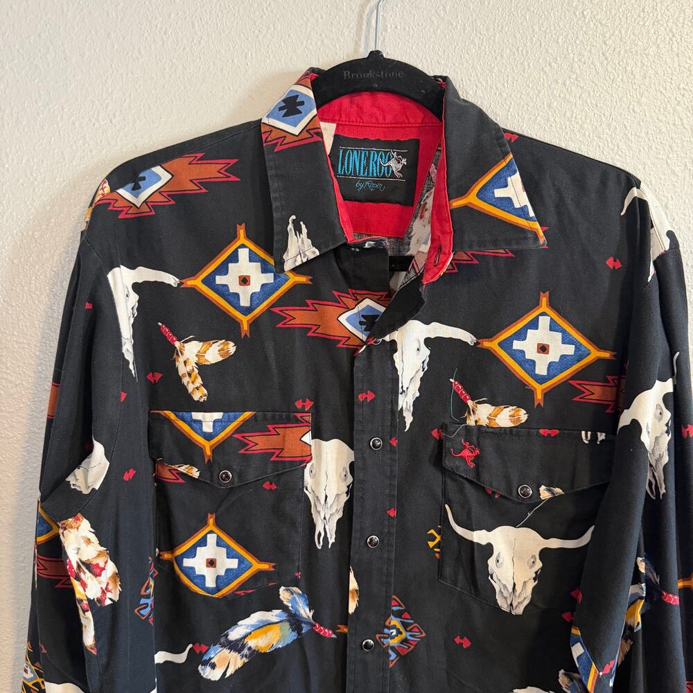 Lone Roo by Roper 90's Vintage Long Sleeve Skull Print Pearl Snap Shirt Sz Large